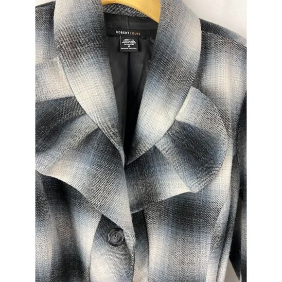 Robert Lewis Blue Gray Plaid Ruffled Belted Jacket Women's Medium. - Picture 7 of 16